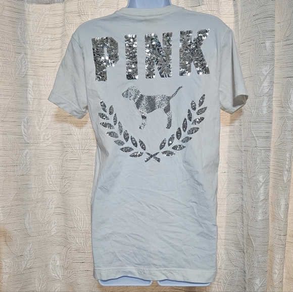 PINK Victoria's Secret White Short Sleeve Tee With Silver Sequins - Picture 4 of 7